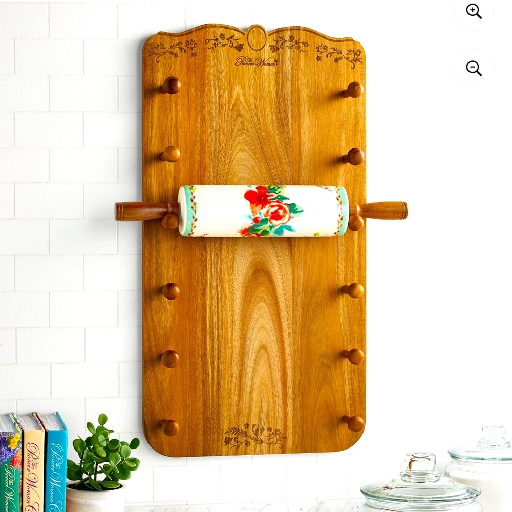 NEW PIONEER WOMAN CERAMIC ROLLING PIN PAINTED MEADOWS & ACACIA WOOD RACK SET NWT